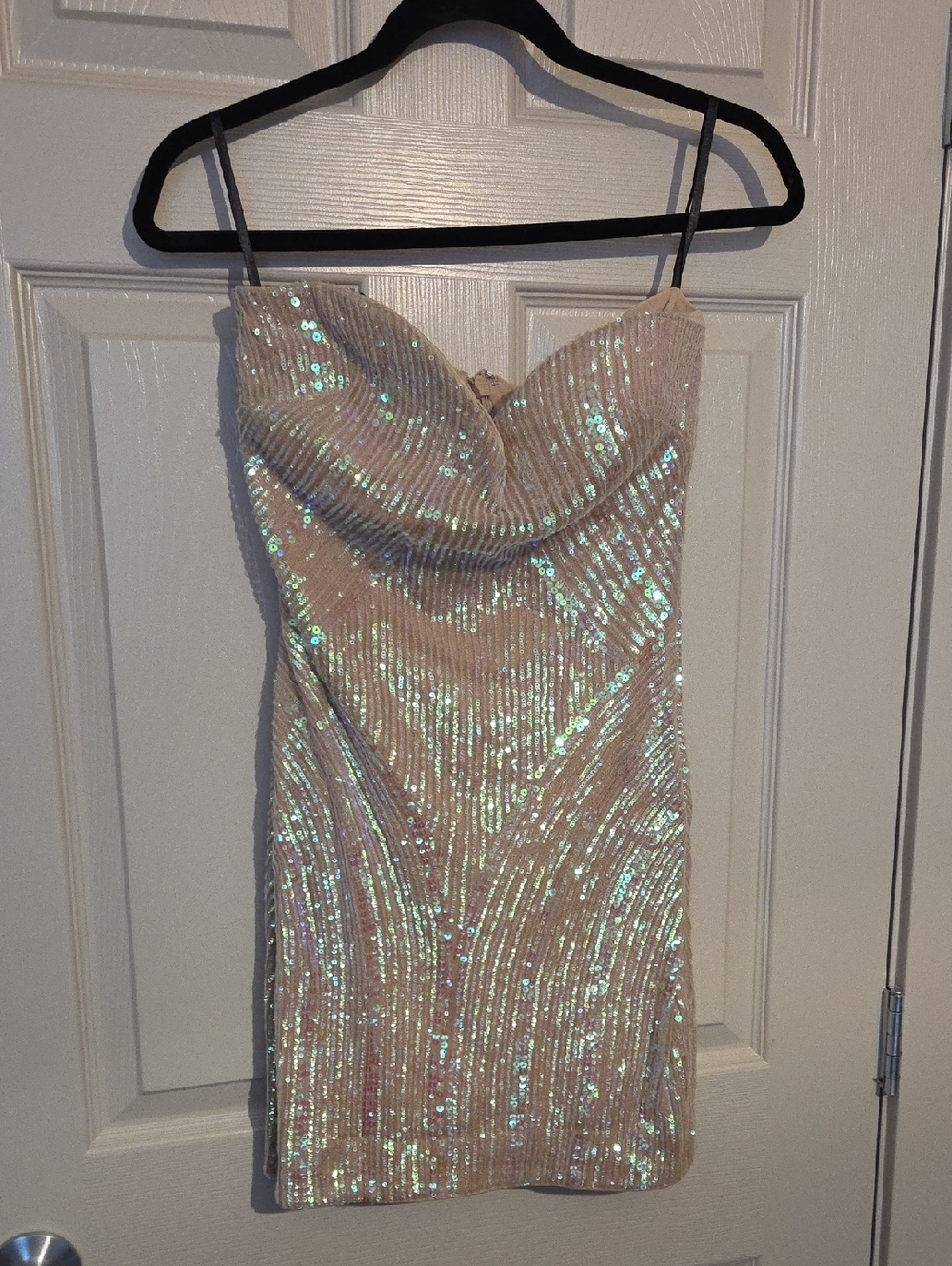 bebe Iridescent Blush Sequin Strapless Mini Dress